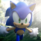 Sonic runs through a sunny forest.
